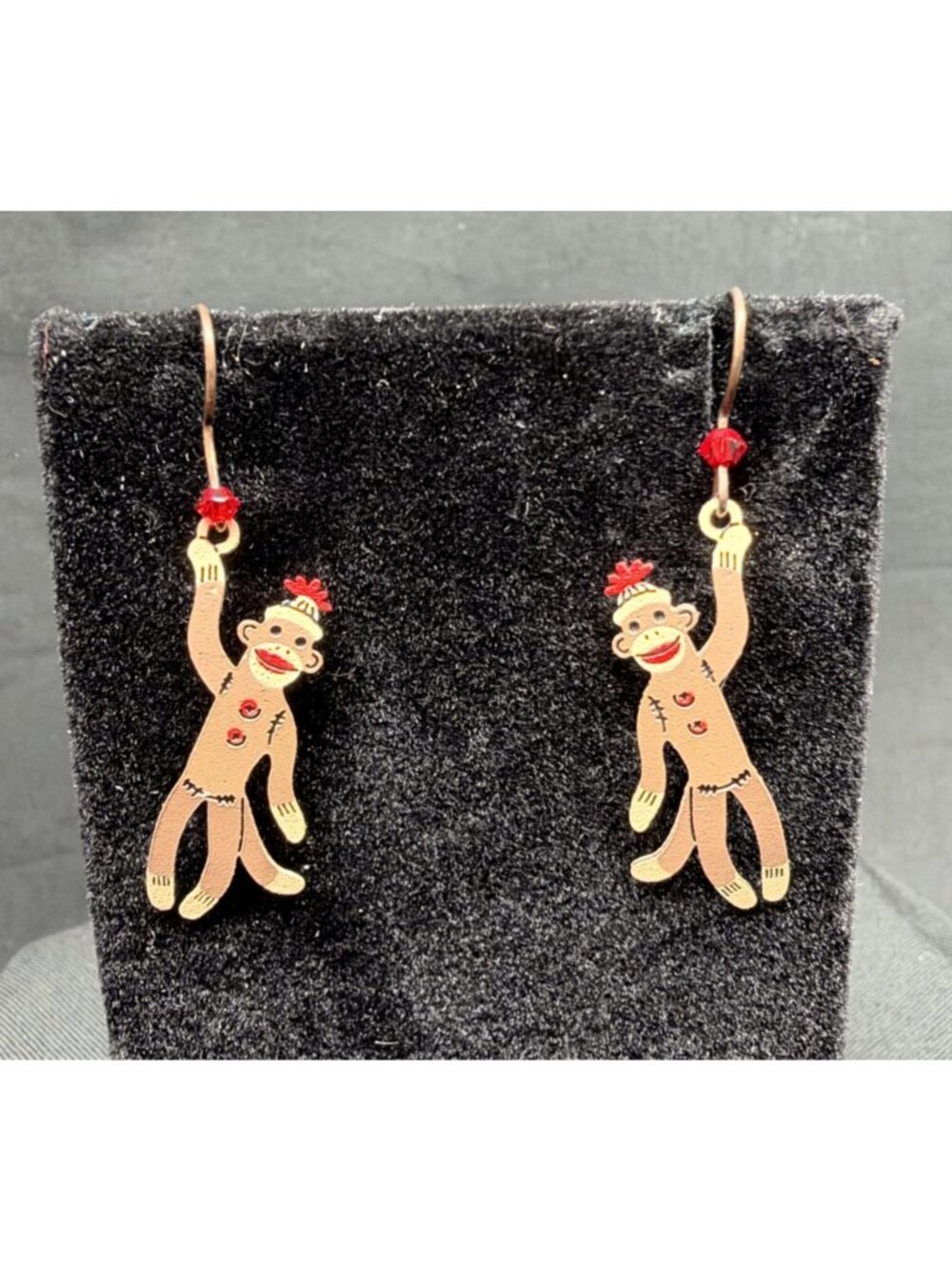 Sock Monkey Dangle Earrings Lightweight Painted Metal Novelty Jewelry
